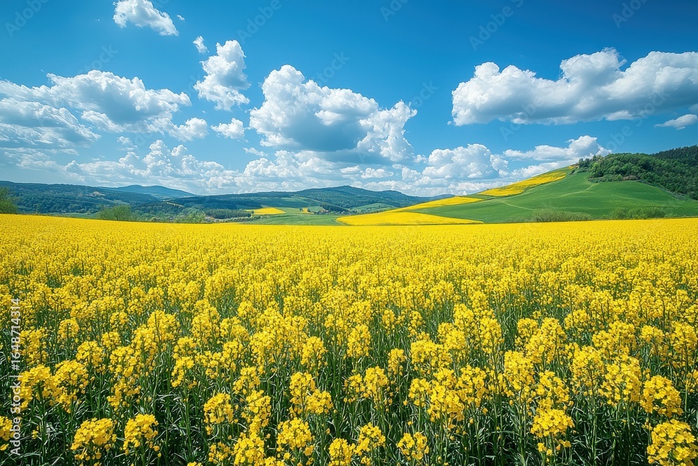 Obraz premium Vibrant meadow with yellow flowers under a bright blue sky