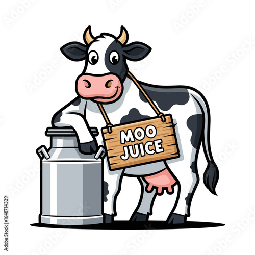 Cartoon Cow Character with Milk Churn and "Moo Juice" Sign, Vector Illustration