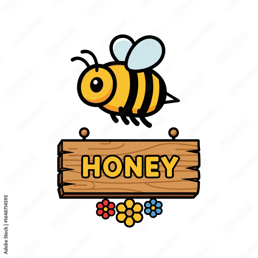 Obraz premium Happy Cartoon Bee Flying Above Wooden Honey Sign and Flowers