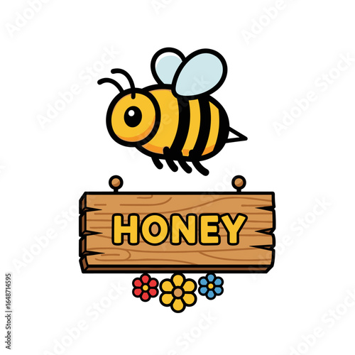 Happy Cartoon Bee Flying Above Wooden Honey Sign and Flowers