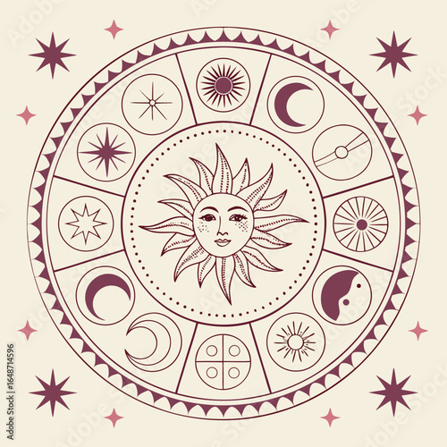 Elegant celestial zodiac symbols sticker sheet featuring a zodiac wheel and astrological icons in cmyk and grayscale with helvetica and courier fonts