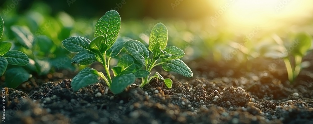 Fototapeta premium Young green sprout growing in soil during a sunny morning