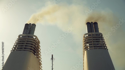 chimneys of a ship smoking into the blue sky