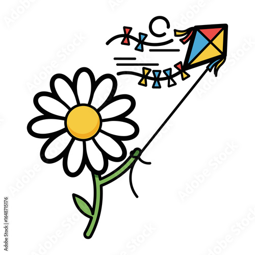 Cute Cartoon Daisy Flower Character Flying Kite in Windy Weather, Outdoor Leisure Activity