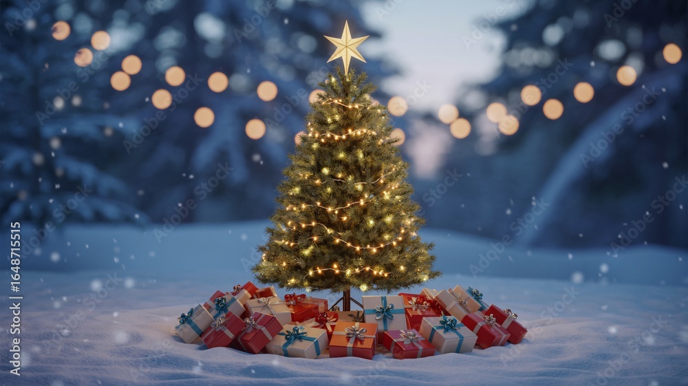 Obraz premium Photo of a beautifully decorated christmas tree stands in a snowy forest at night, adorned with lights and topped with a star, surrounded by wrapped gifts