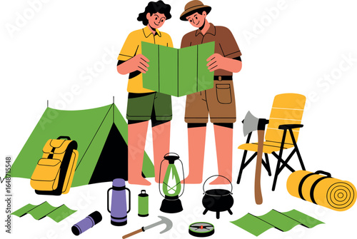 Two people looking at a map with camping equipment around a tent and a chair on a white background