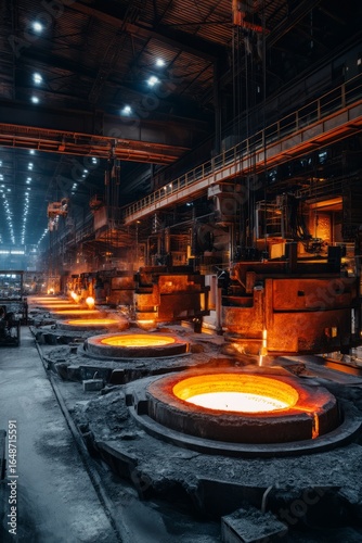 A glass manufacturing plant with molten glass glowing in furnaces An AI system is controlling cooling times The mood feels steady and professional, Generative AI
