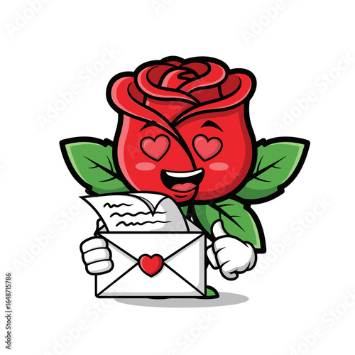 Cartoon Rose Flower with Heart Eyes Holding Love Letter Vector Illustration