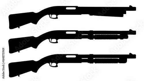 Three black shotgun silhouettes aligned vertically on a white background showing weapon details | editable eps vectors