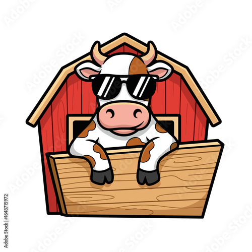 Cool Cartoon Cow with Sunglasses and Barn peeking from Wooden Fence Vector