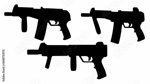 Silhouette depiction of three submachine guns arranged on a white background with clear details shown | editable eps vectors