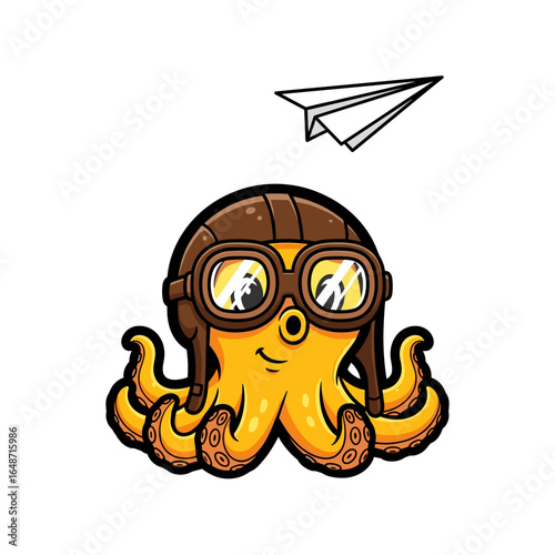 Adventurous Cartoon Yellow Octopus Pilot with Aviator Hat and Paper Airplane Vector