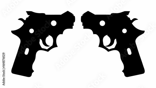 Two mirrored black pistol silhouettes with visible triggers and circular details on a white background | editable eps vectors
