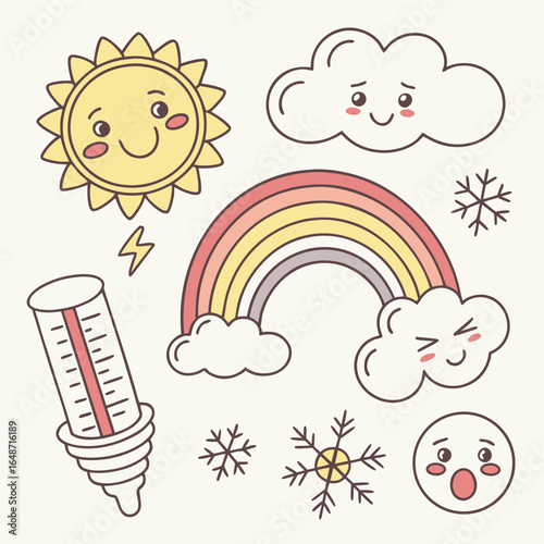 Charming weather icons sticker sheet featuring sunny and cloudy designs with a touch of whimsy and bright colors for various applications