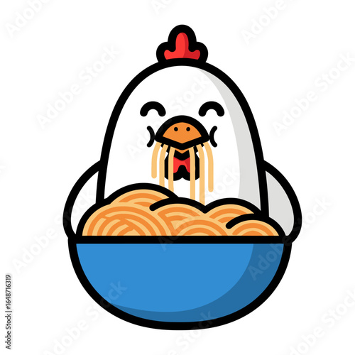 Funny Cartoon White Chicken Eating Noodles in a Blue Bowl Vector Illustration
