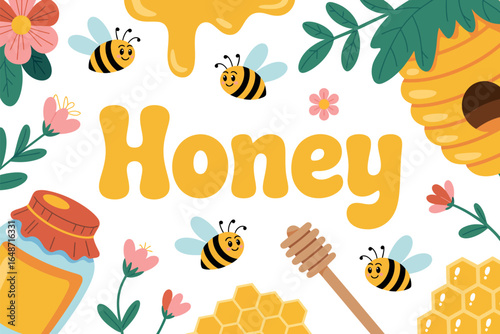 Illustration of honey with bees, flowers, honeycomb, and a honey dipper on a white background