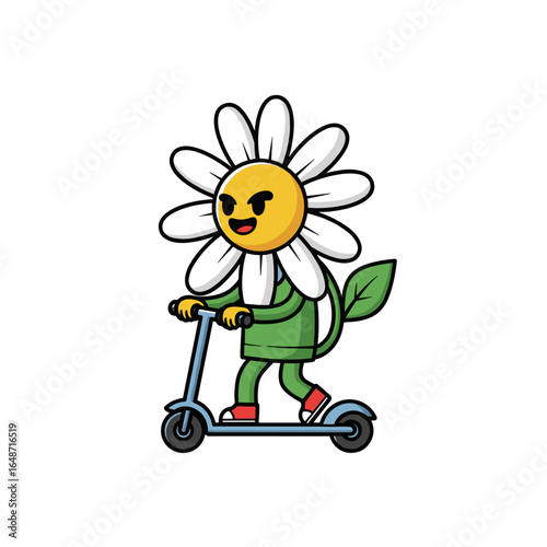 Energetic Cartoon Daisy Flower Riding a Kick Scooter