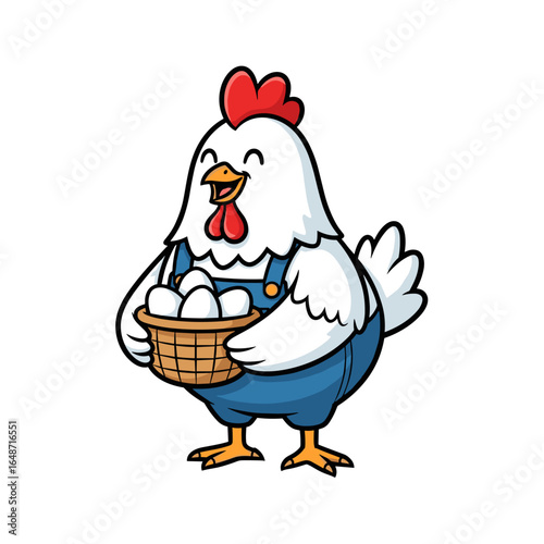 Friendly Cartoon Chicken in Overalls Holding a Basket of Eggs