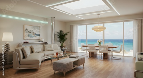 Neutral interior living room showcases modern design. Bright light creates inviting atmosphere. Use for home decor, interior design, real estate.