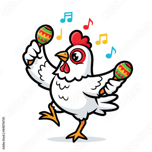 Funny Cartoon Chicken Playing Maracas and Dancing with Music Notes