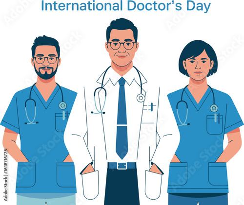 Illustration of three doctors in uniform for international doctor's day celebration banner