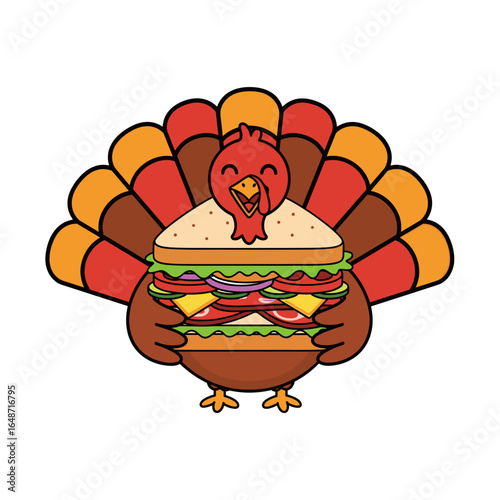 Cartoon Turkey Holding Large Delicious Sandwich Illustration