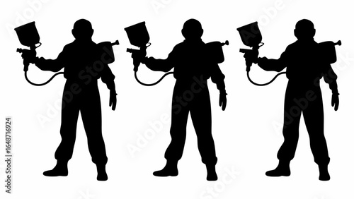 Three silhouettes of painters with spray guns and paint tanks on their backs in a row on white | editable eps vectors
