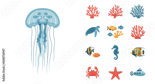 Cartoon-Style Blue Jellyfish with Long Tentacles, Vector Illustration