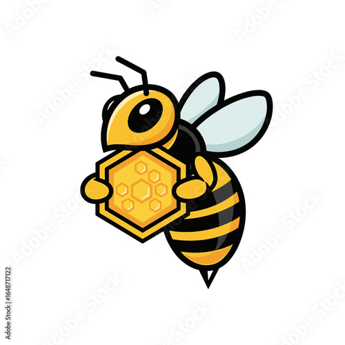 Cute Cartoon Bee Holding a Golden Honeycomb, Symbolizing Honey Production and Nature's Sweetness