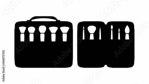 Illustration of makeup brushes in a black case and two smaller cases on a white background display style | editable eps vectors