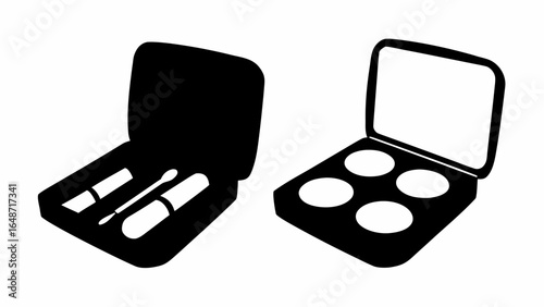 Two open cosmetic cases one with applicators and the other with round containers in a black and white image | editable eps vectors