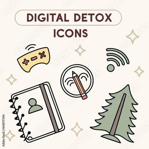 Digital detox icons sticker sheet featuring offline and connectivity symbols for healthy tech habits and mindful usage