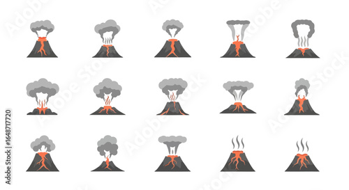 Collection of flat cartoon volcano icons with erupting orange lava and gray smoke plumes