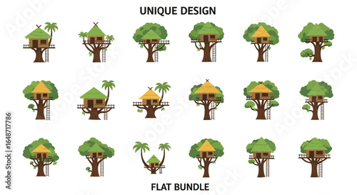 Collection of Diverse Flat Design Treehouses with Ladders and Tropical Foliage