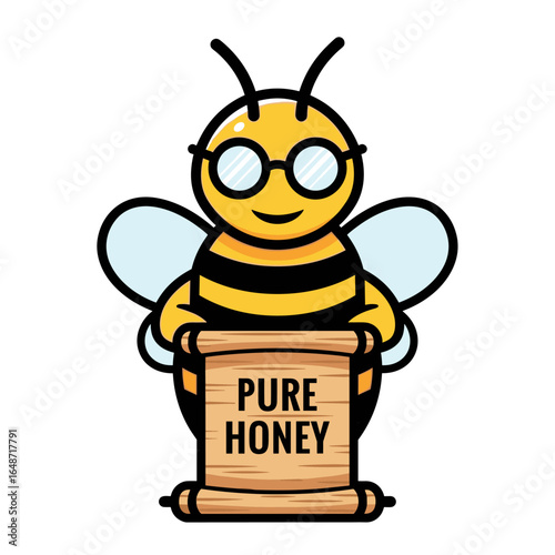 Intellectual Cartoon Bee with Glasses Holding Pure Honey Scroll