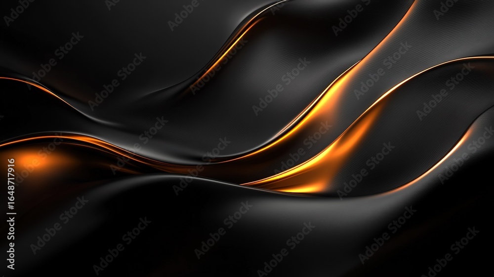 Fototapeta premium Abstract fluid sculpture with bronze-textured waves on cosmic black, smooth orange-lit curves in ultra-detailed futuristic rendering for industrial design, tech branding, and metaverse visuals.
