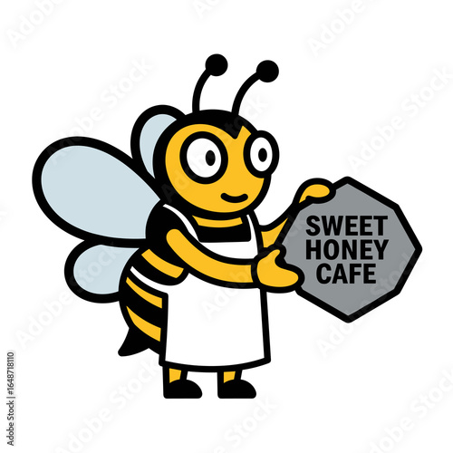 Cute Cartoon Bee Character Holding a Sweet Honey Cafe Sign Illustration