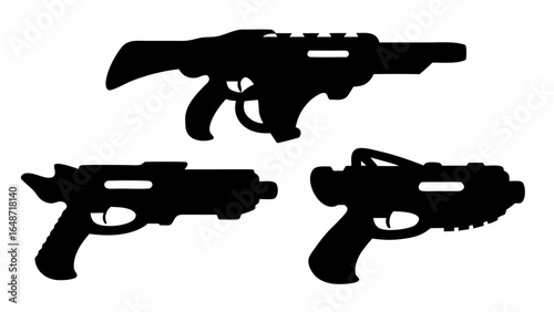 Silhouette depiction of three futuristic ray guns with unique designs and varying shapes and sizes shown in black | editable eps vectors