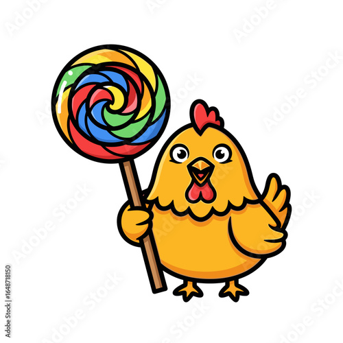 Cute Cartoon Chicken Character Holding a Colorful Swirl Lollipop Illustration