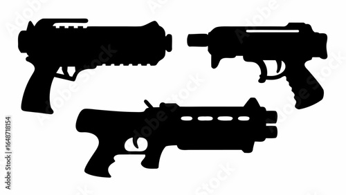 Silhouette depiction of three futuristic handguns with varying designs and distinct features shown clearly | editable eps vectors