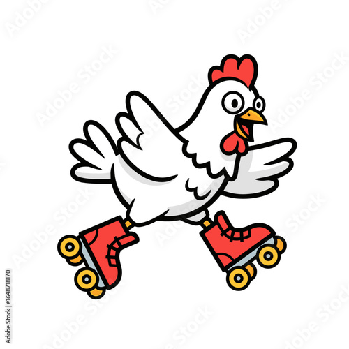 Happy Cartoon Chicken Character Roller Skating Illustration