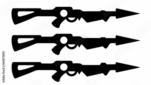 Three silhouette images of a futuristic speargun design arranged in a horizontal line pattern | editable eps vectors