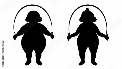 Two silhouettes of people jumping rope in black and white fitness exercise activity recreation silhouette | editable eps vectors
