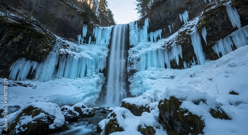 Frozen Waterfall Landscape with Icicles and Snow-Covered Rocks in Winter