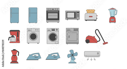 Collection of Household Appliances: Refrigerator, Oven, Microwave, Toaster, Blender, and More