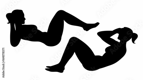 Silhouette of two women performing sit ups with hands behind head on a white isolated background scene | editable eps vectors
