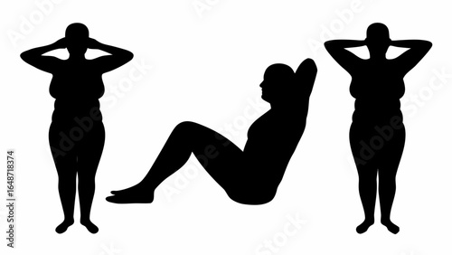 Silhouette of woman doing sit ups and standing with hands behind head on a white isolated background | editable eps vectors