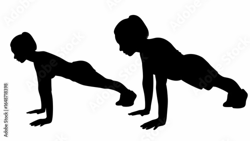 Two silhouettes of women performing push ups in a fitness exercise routine on a white isolated background | editable eps vectors