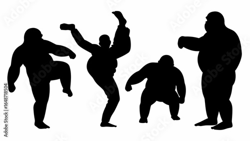 Silhouette illustration of four sumo wrestlers in various poses on a white background image design art | editable eps vectors