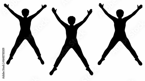 Three black silhouettes of people doing jumping jacks with arms raised and legs spread wide apart | editable eps vectors